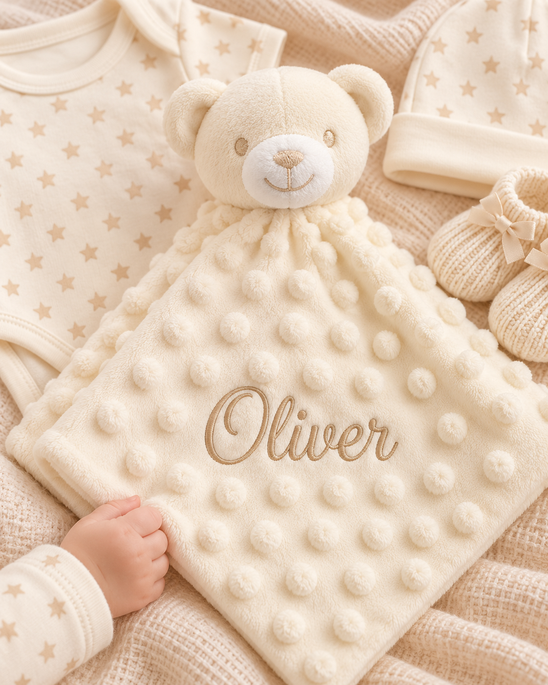 Cream , 9CS22-C-EMB , Personalised Shot ,
Cream bubble bear comforter with an embroidered name