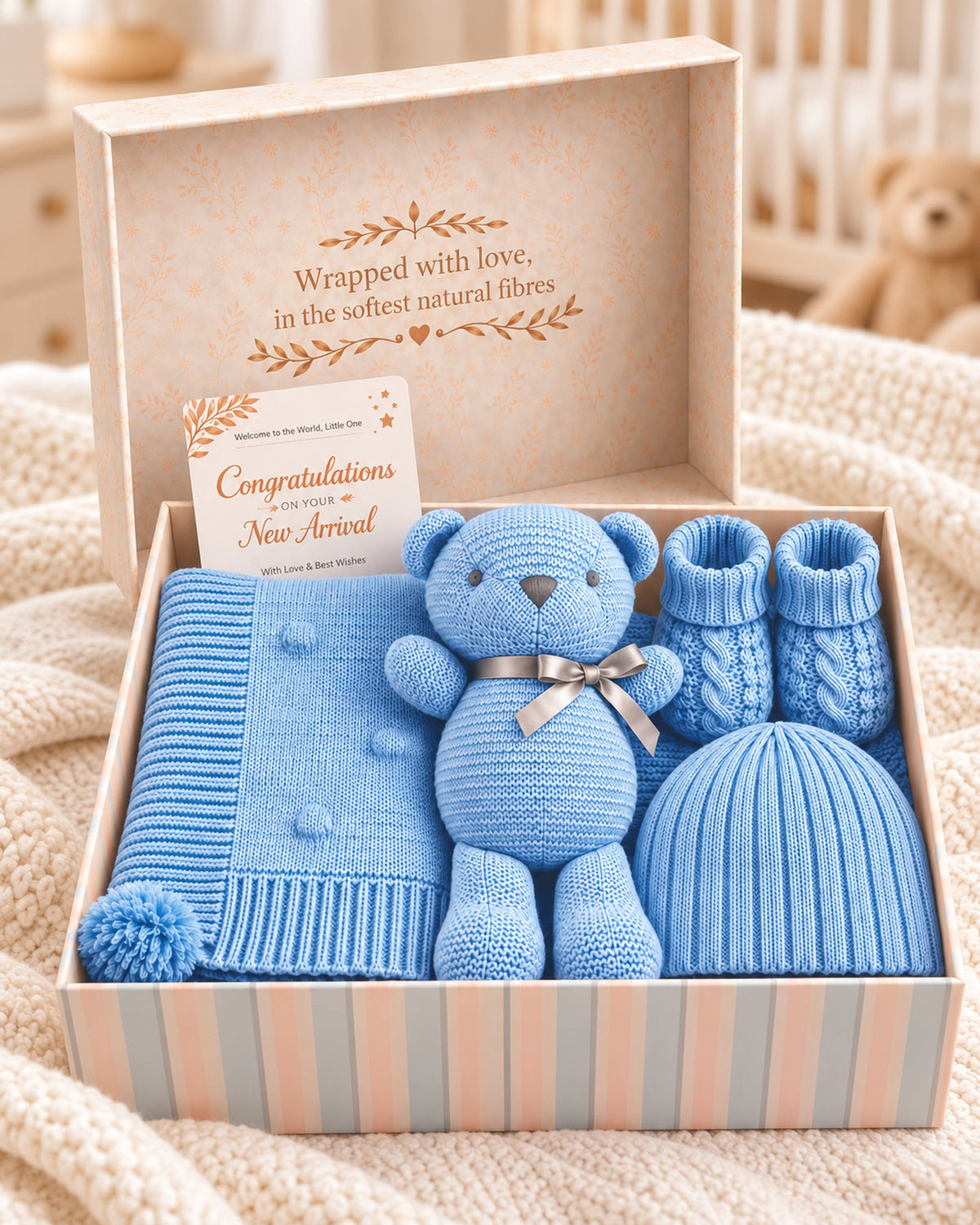 Blue knitted cotton baby gift set in presentation box with blue blanket, teddy bear, booties, beanie and greeting card