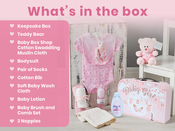 Ultimate Newborn Baby Girl Gift Hamper with Teddy Bear, Baby Clothing, in a Pink Keepsake Suitcase - Luxury Baby Shower Present Includes Grooming Set & Other Baby Essentials