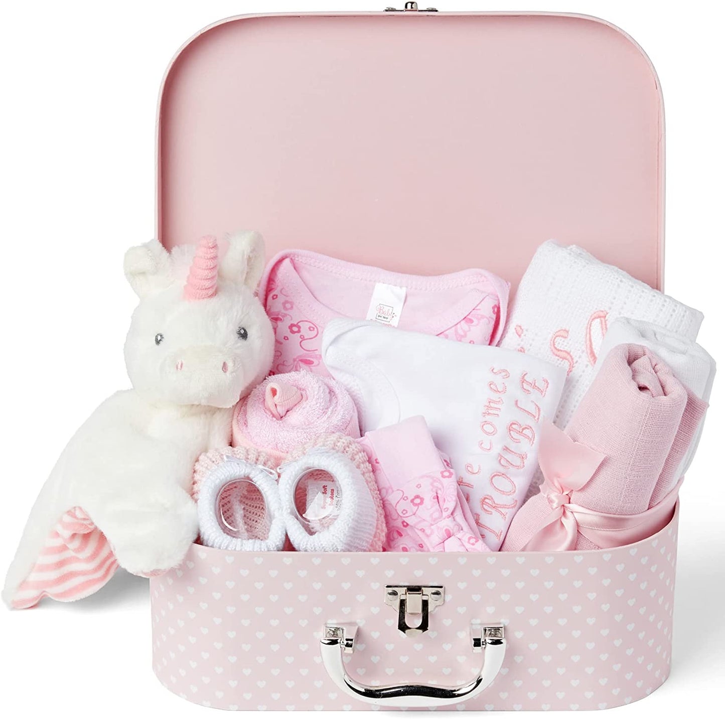 Personalised Baby Girl Gifts - 9 Baby Girl Gifts Newborn in a Baby Girl Hamper with 2 Personalised Baby Gifts for Newborn Baby Girl, New Baby Girl Gift Set, Unique Baby Girl Gifts - Pink