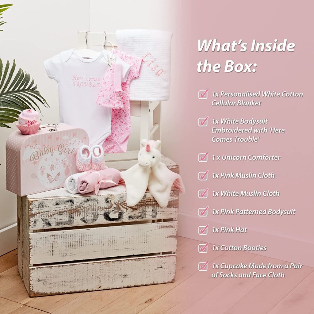 Personalised Baby Girl Gifts - 9 Baby Girl Gifts Newborn in a Baby Girl Hamper with 2 Personalised Baby Gifts for Newborn Baby Girl, New Baby Girl Gift Set, Unique Baby Girl Gifts - Pink