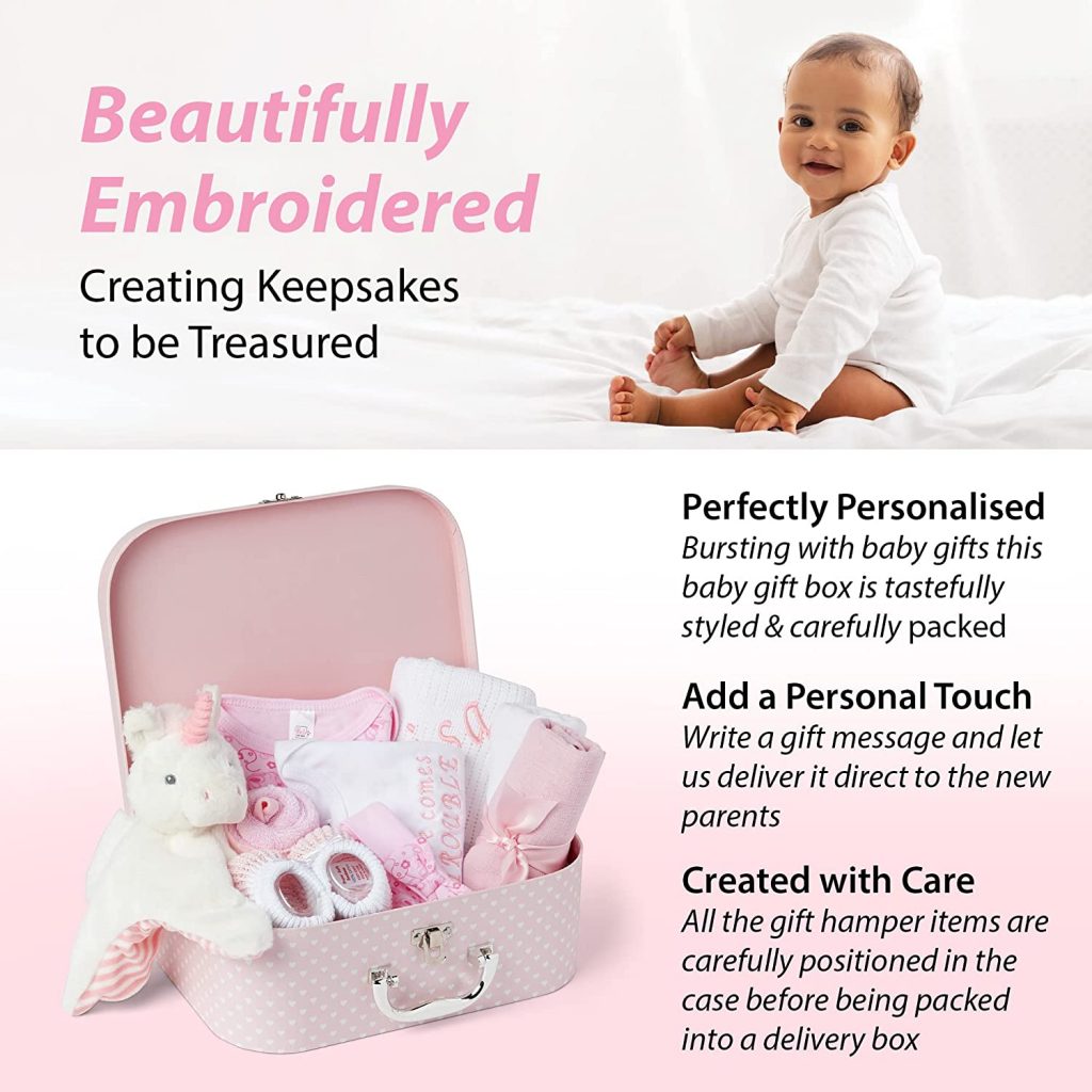 Personalised Baby Girl Gifts - 9 Baby Girl Gifts Newborn in a Baby Girl Hamper with 2 Personalised Baby Gifts for Newborn Baby Girl, New Baby Girl Gift Set, Unique Baby Girl Gifts - Pink