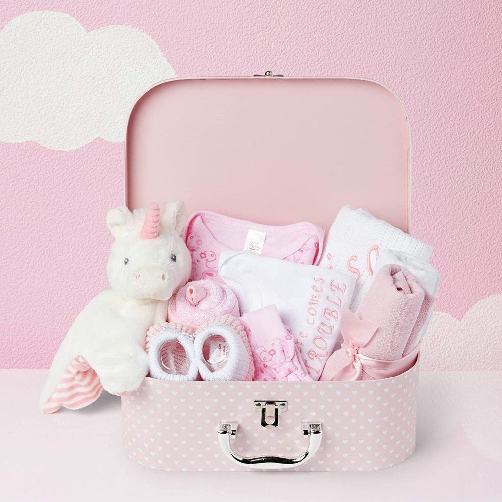 Personalised Baby Girl Gifts - 9 Baby Girl Gifts Newborn in a Baby Girl Hamper with 2 Personalised Baby Gifts for Newborn Baby Girl, New Baby Girl Gift Set, Unique Baby Girl Gifts - Pink