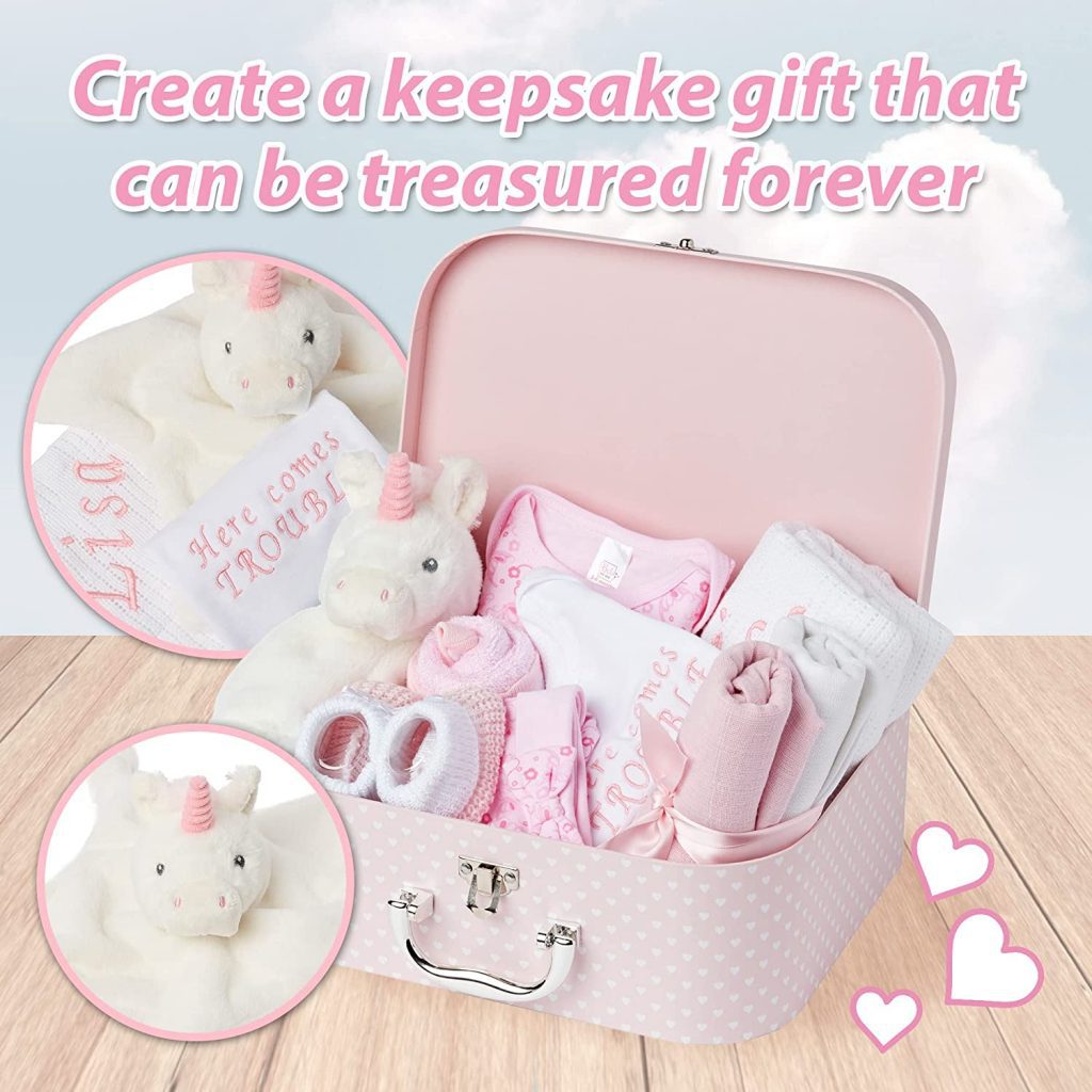 Personalised Baby Girl Gifts - 9 Baby Girl Gifts Newborn in a Baby Girl Hamper with 2 Personalised Baby Gifts for Newborn Baby Girl, New Baby Girl Gift Set, Unique Baby Girl Gifts - Pink