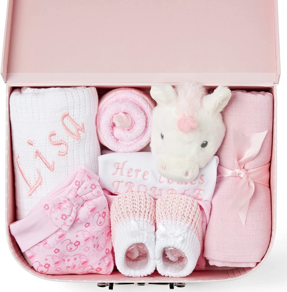 Personalised Baby Girl Gifts - 9 Baby Girl Gifts Newborn in a Baby Girl Hamper with 2 Personalised Baby Gifts for Newborn Baby Girl, New Baby Girl Gift Set, Unique Baby Girl Gifts - Pink