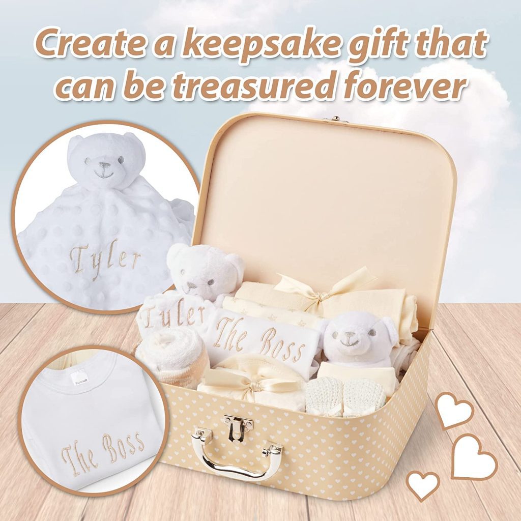 Personalised Baby Gifts - Gender Reveal Baby Keepsake Box with 9 Baby Gifts and 2 Personalised Items