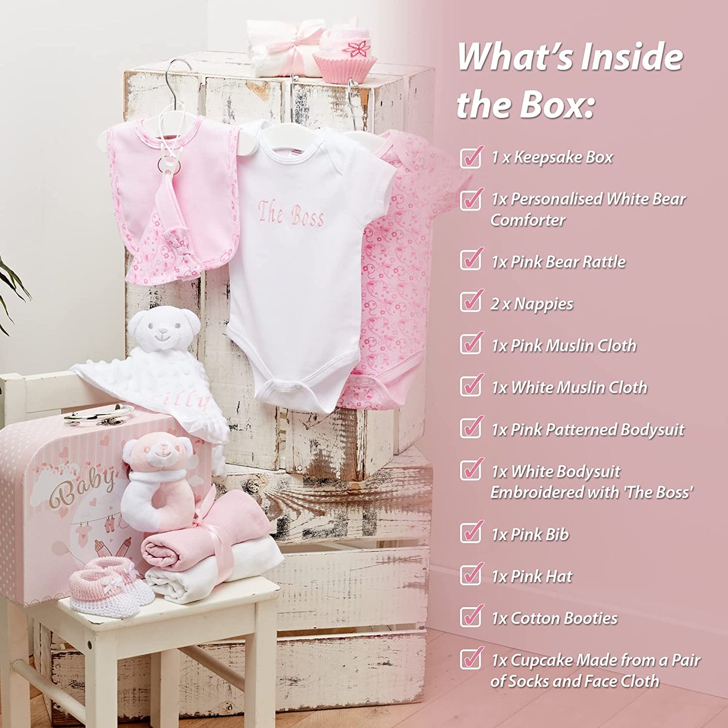 Personalised Baby Gifts - Beautifully Packaged in a Pink Case Full of Beautiful Newborn Essentials