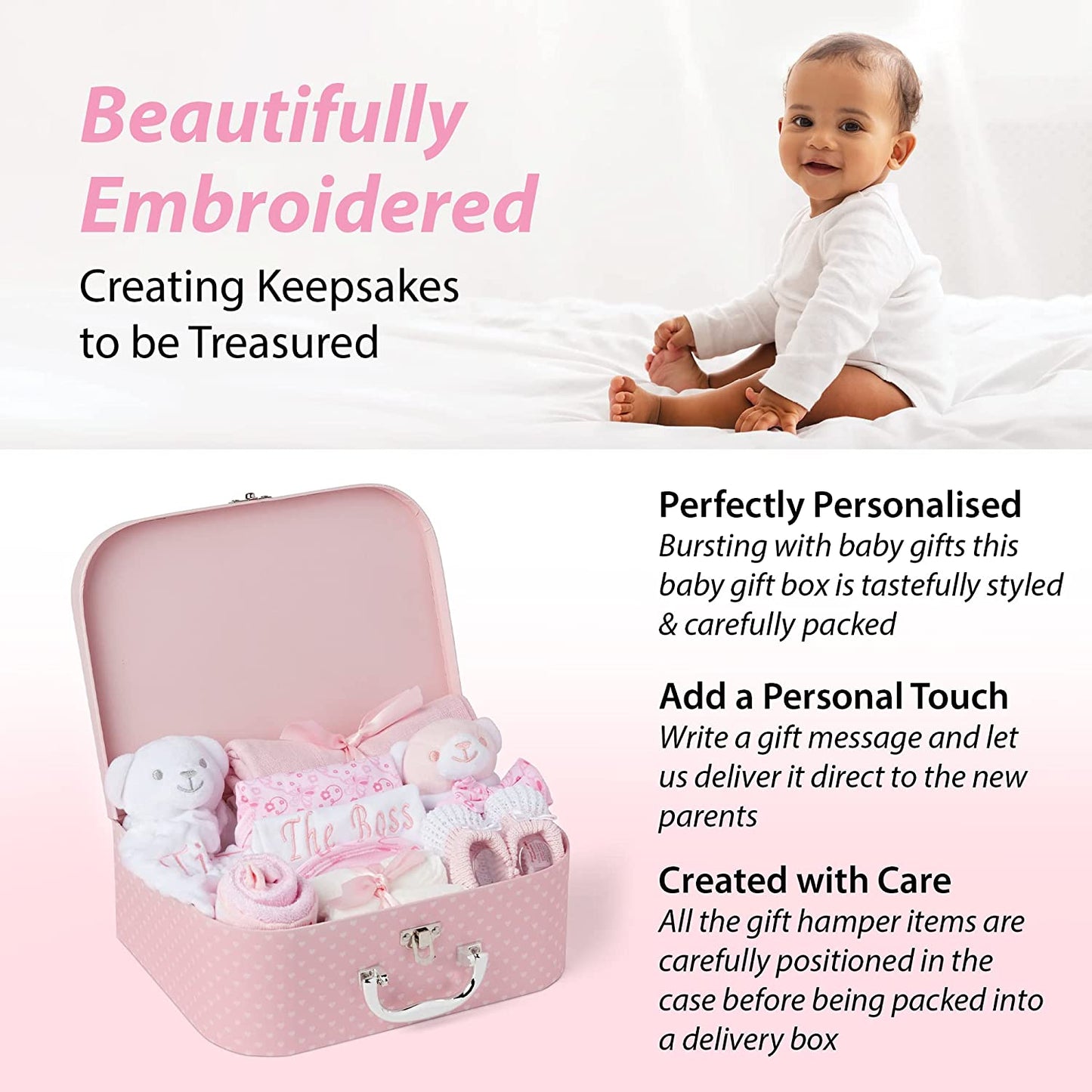 Personalised Baby Gifts - Beautifully Packaged in a Pink Case Full of Beautiful Newborn Essentials