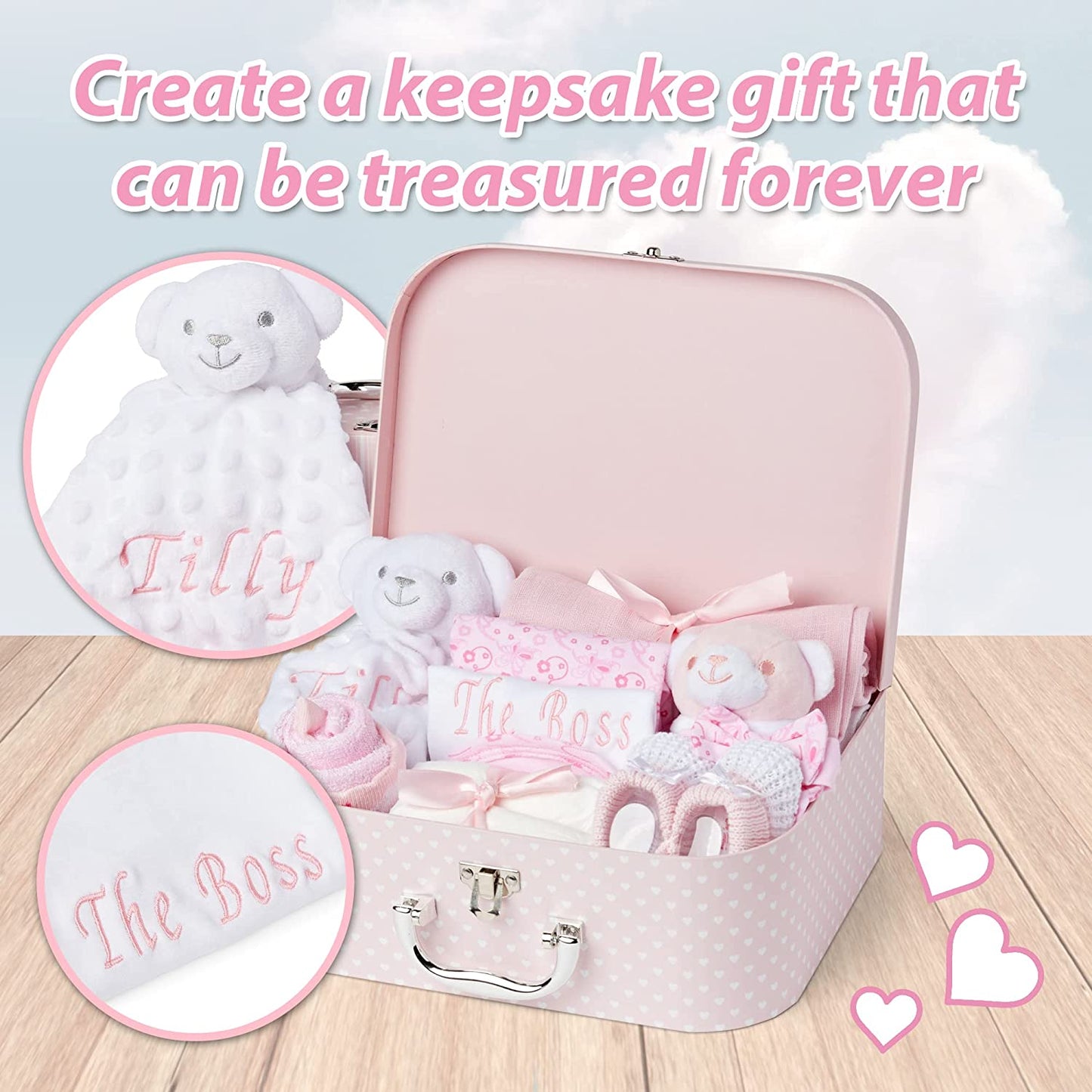 Personalised Baby Gifts - Beautifully Packaged in a Pink Case Full of Beautiful Newborn Essentials
