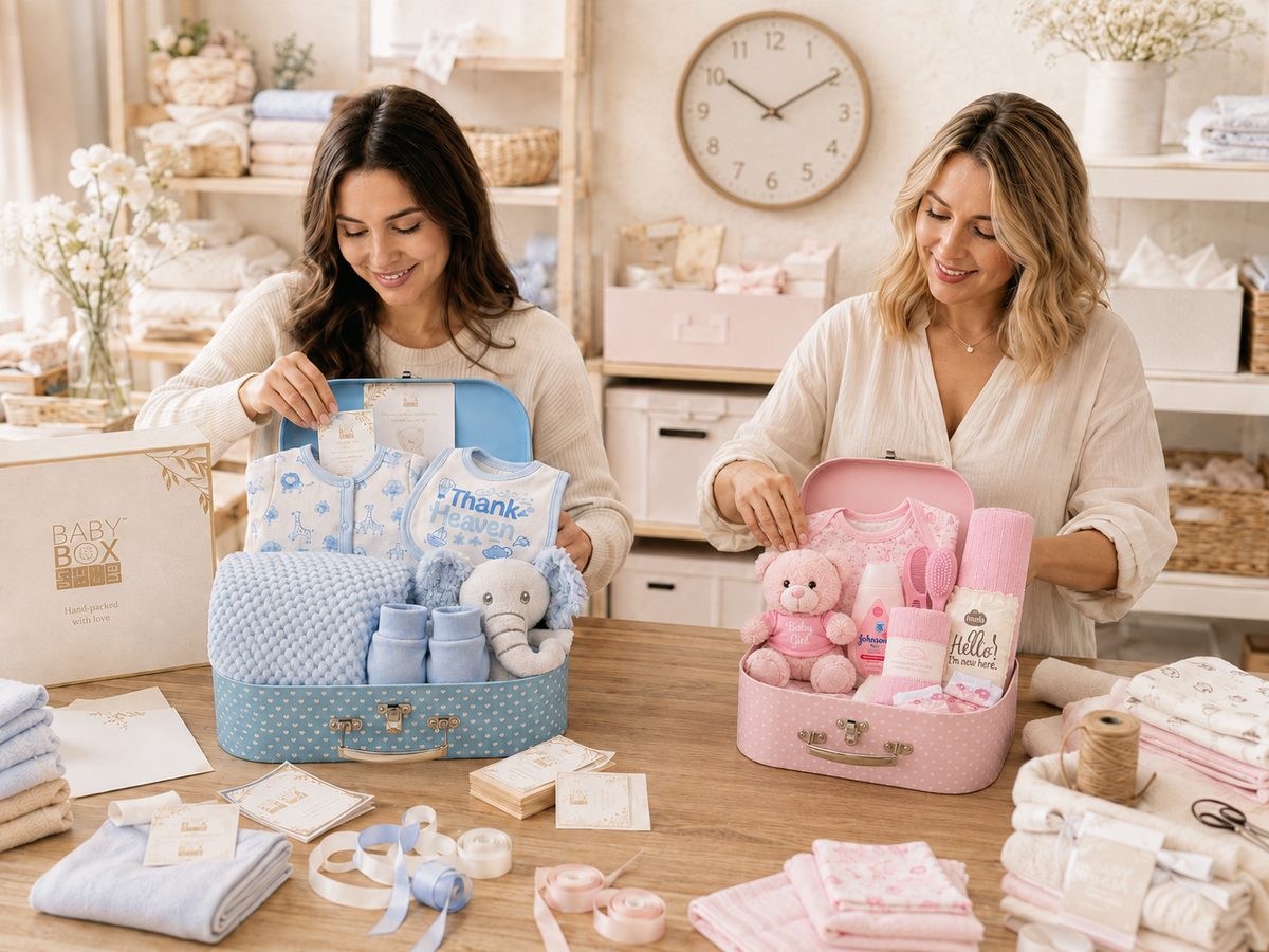 A Baby Box Shop gift set being assembled by hand in the UK studio