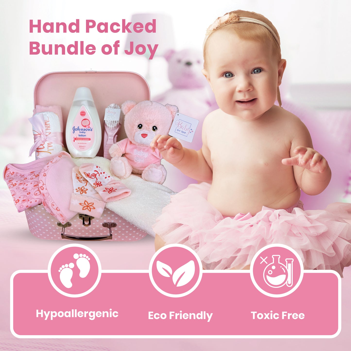 Ultimate Newborn Baby Girl Gift Hamper with Teddy Bear, Baby Clothing, in a Pink Keepsake Suitcase - Luxury Baby Shower Present Includes Grooming Set & Other Baby Essentials
