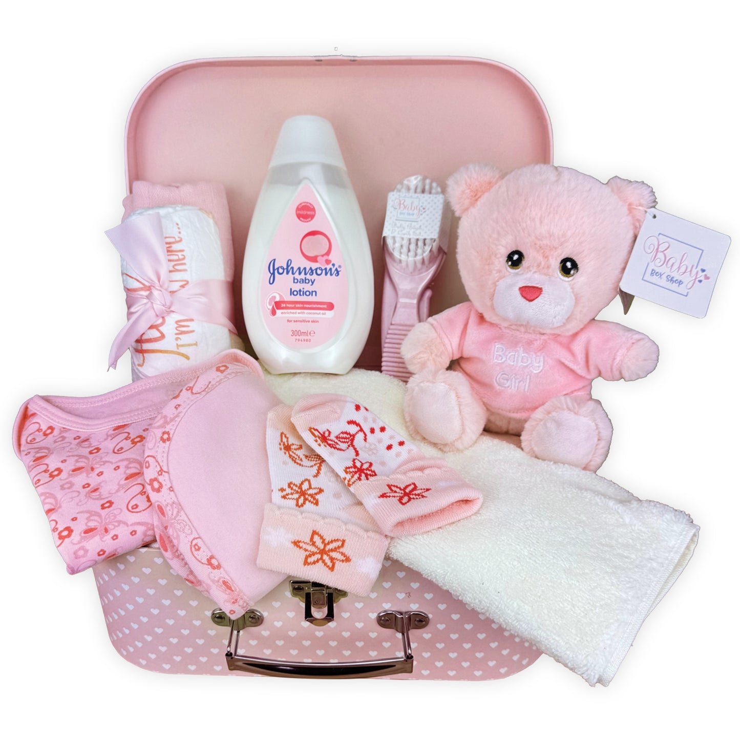 Ultimate Newborn Baby Girl Gift Hamper with Teddy Bear, Baby Clothing, in a Pink Keepsake Suitcase - Luxury Baby Shower Present Includes Grooming Set & Other Baby Essentials