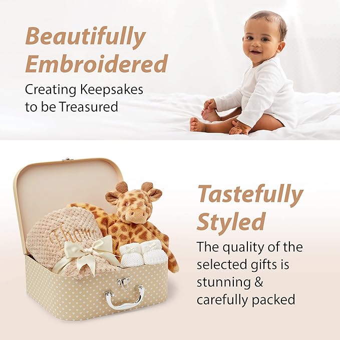 Personalised New Baby Gifts Set - Unisex Baby Gifts Personalised, Baby Hamper - Baby Personalised Gifts, New Born Baby Set with Giraffe Baby Comforter