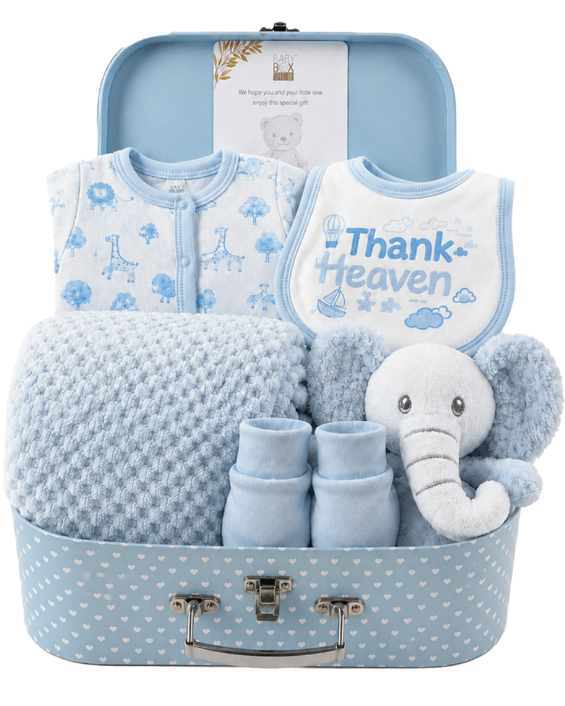 A Baby Box Shop baby shower gift set packed in a rigid keepsake case with a lift-off lid, shown in blue