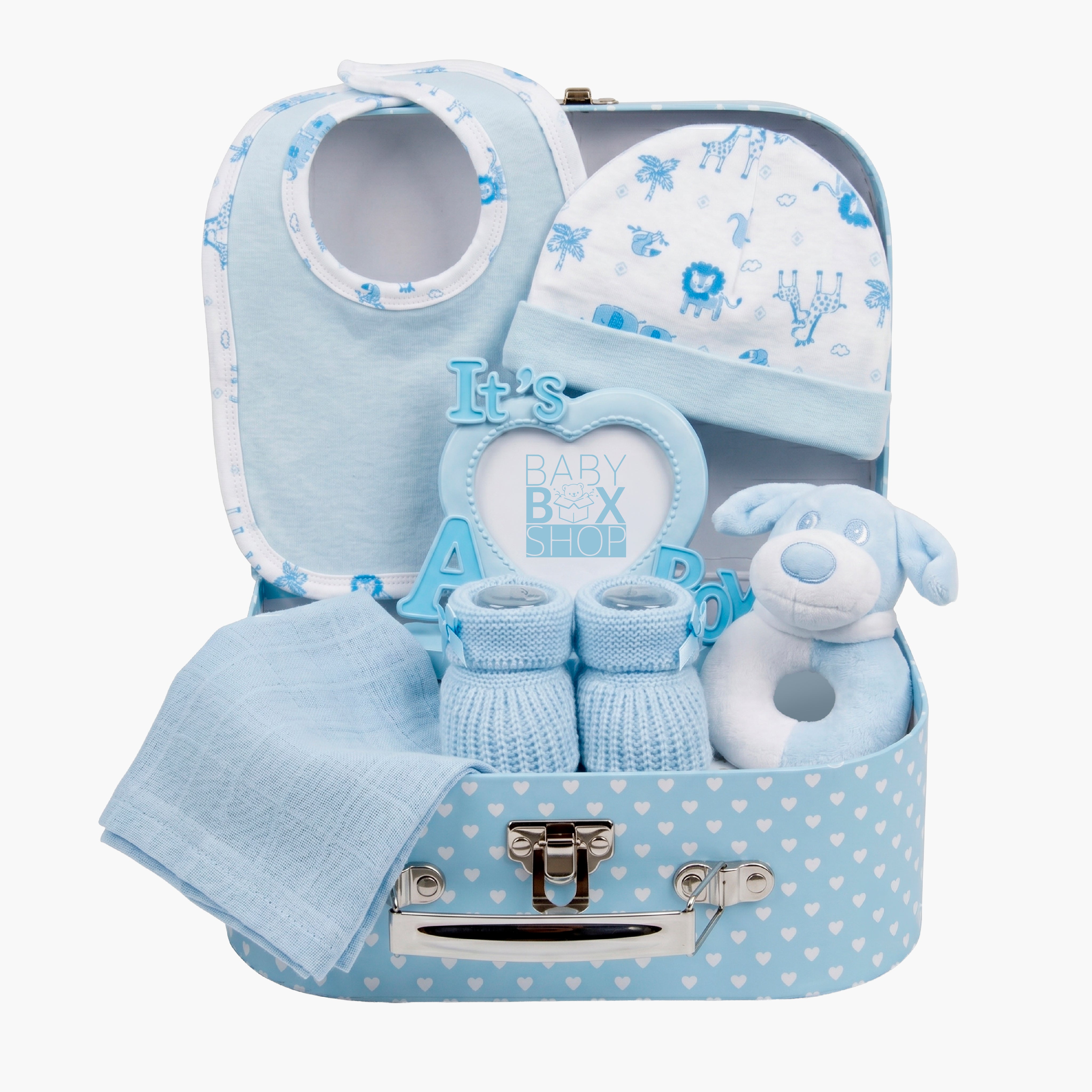 A Baby Box Shop gift set laid out in a cream keepsake case, with cotton baby garments sized 3 to 6 months