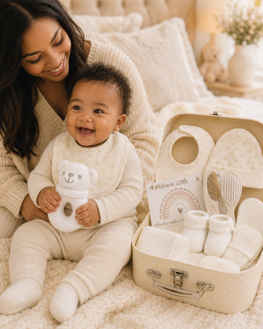 A mother sitting on a bed holding her smiling baby, who is gripping a small white bear rattle, with an open cream keepsake case of baby basics beside them