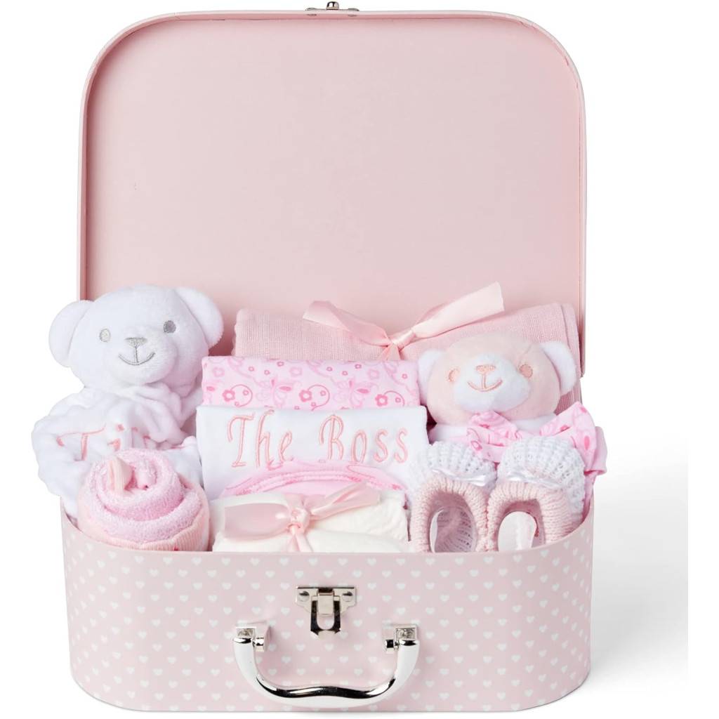 Personalised Baby Gifts - Beautifully Packaged in a Pink Case Full of Beautiful Newborn Essentials