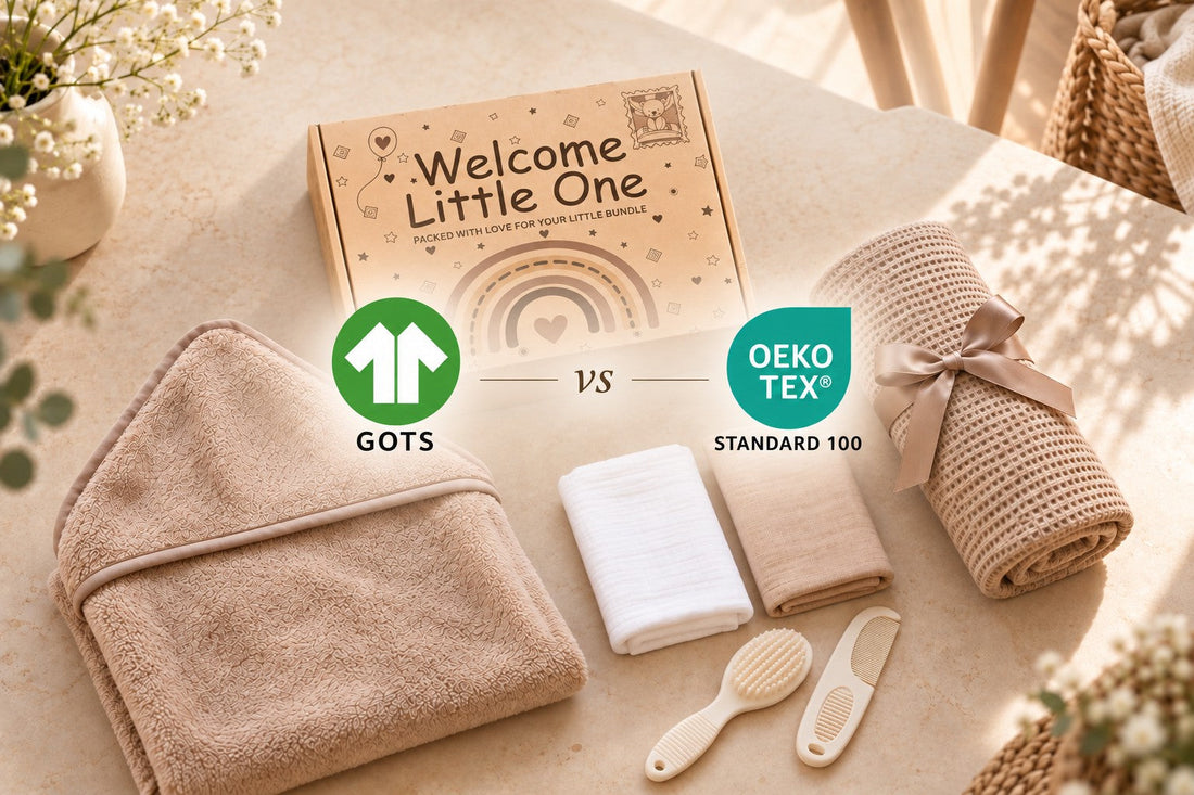 Editorial comparison of GOTS versus OEKO-TEX STANDARD 100 above Baby Box Shop's Coffee Cotton Collection.