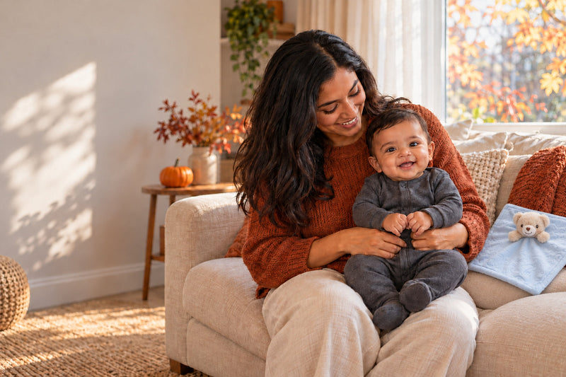 Parent holding a smiling baby in a charcoal sleepsuit beside a small pumpkin and a pale blue bear comforter from the Character Collection.