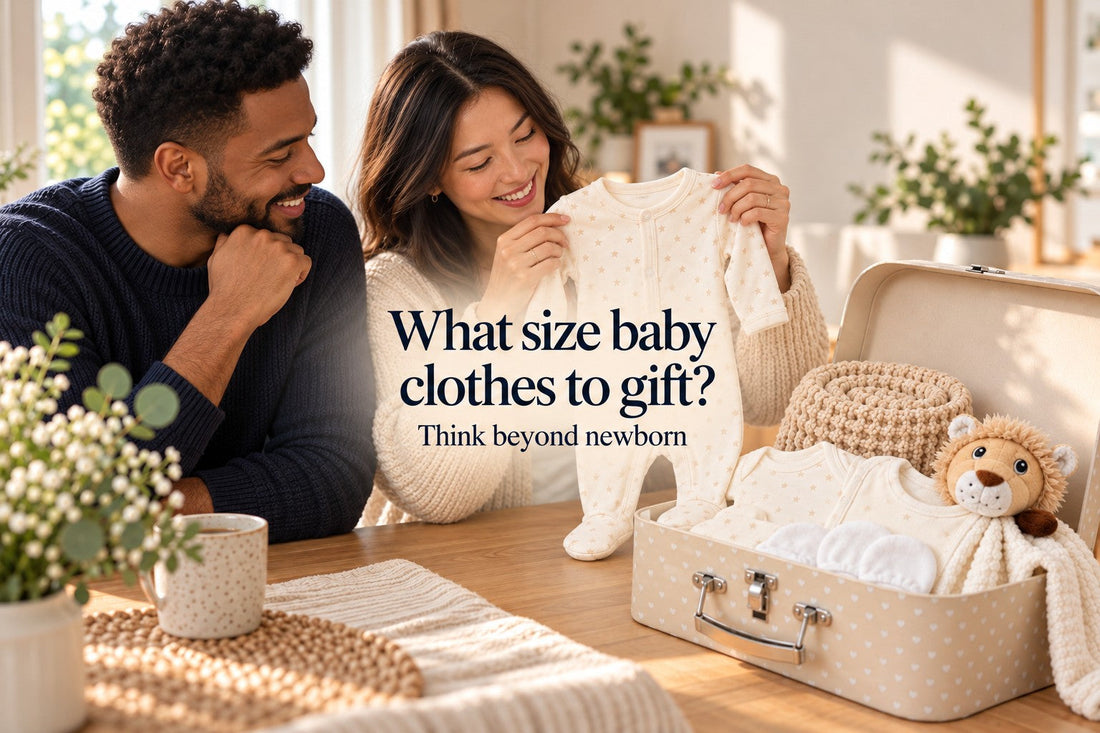 Couple examining a cream star-print sleepsuit beside Baby Box Shop's keepsake gift case. Text: What size baby clothes to gift? Think beyond newborn.