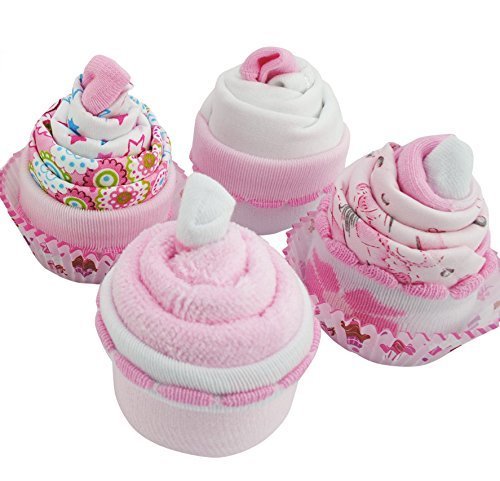 Newborn Baby Girl Gift Set - 4 x Cupcakes of Baby Clothes