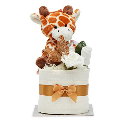 Nappy Cake - 9 Nappies Topped with Baby Teddy Giraffe