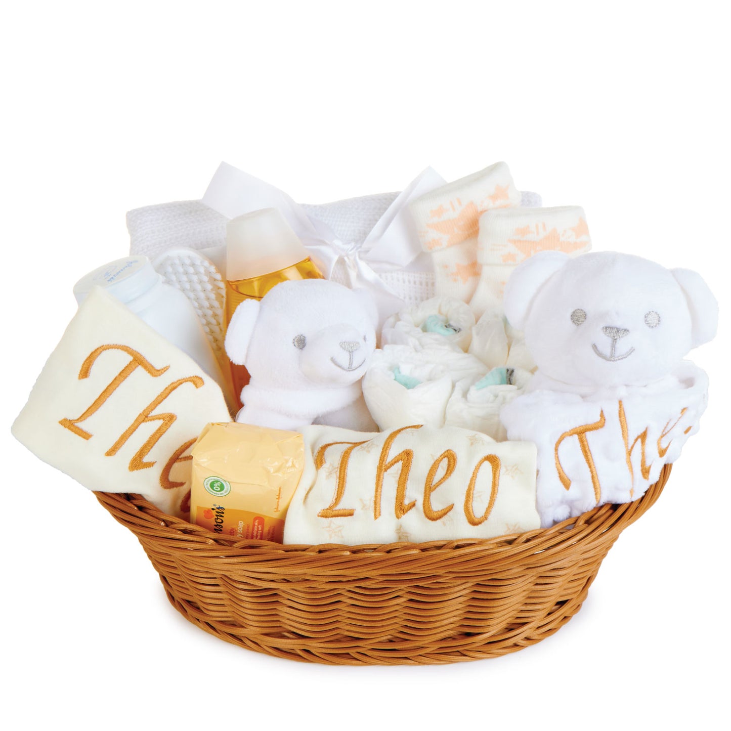 Personalised Baby Gifts – Baby Gift Basket Full of Newborn Essentials (White)