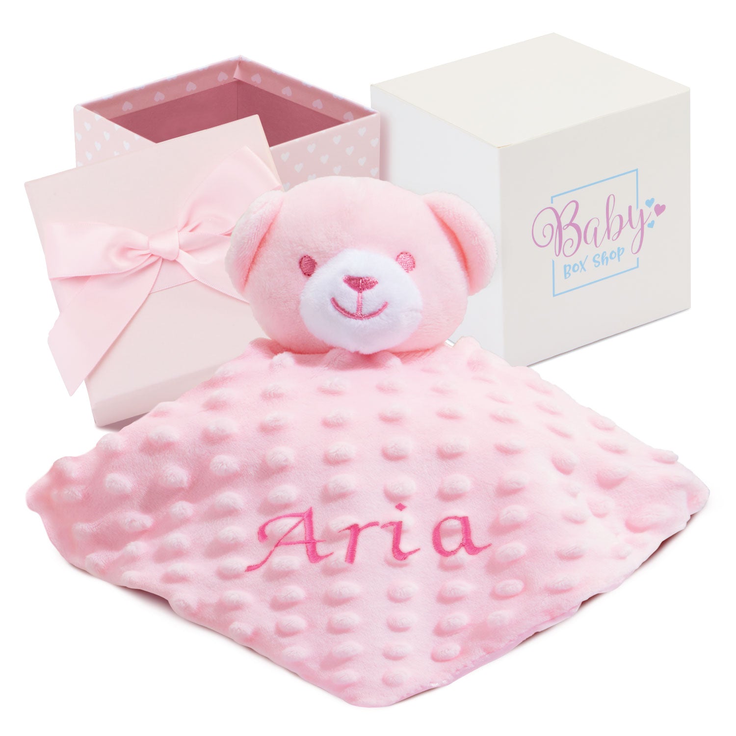 Personalised Baby Gifts – Baby Comforter with Bear Head in Gift Box (Pink)