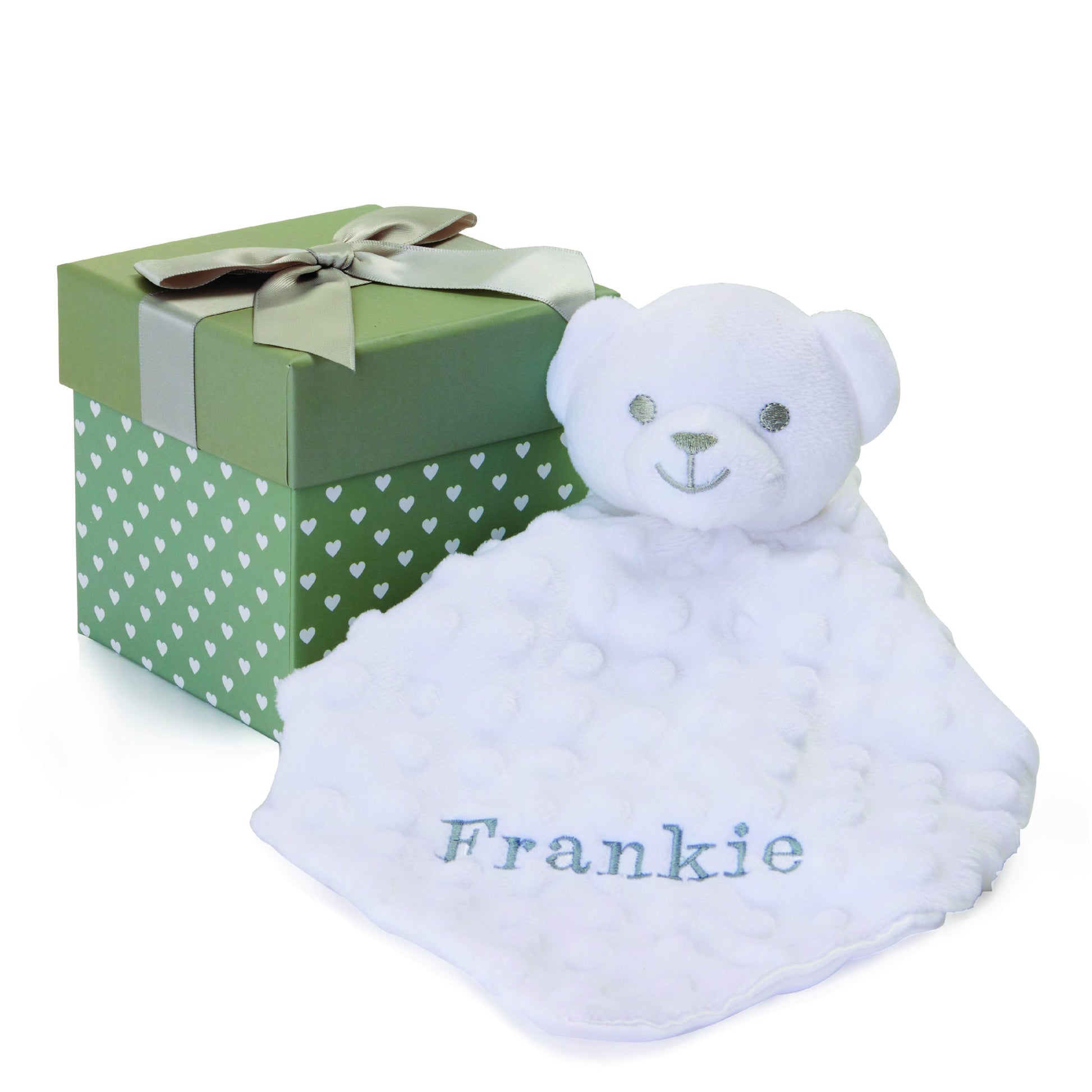 Personalised Baby Gifts – Baby Comforter White with Teddy Bear Head