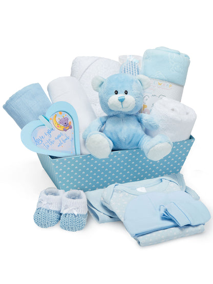 17 Baby Boy Gifts Newborn Ideal for Baby Shower Gifts & Christenings with New Baby Essentials for Newborn Boy and Plush Blue Teddy Bear