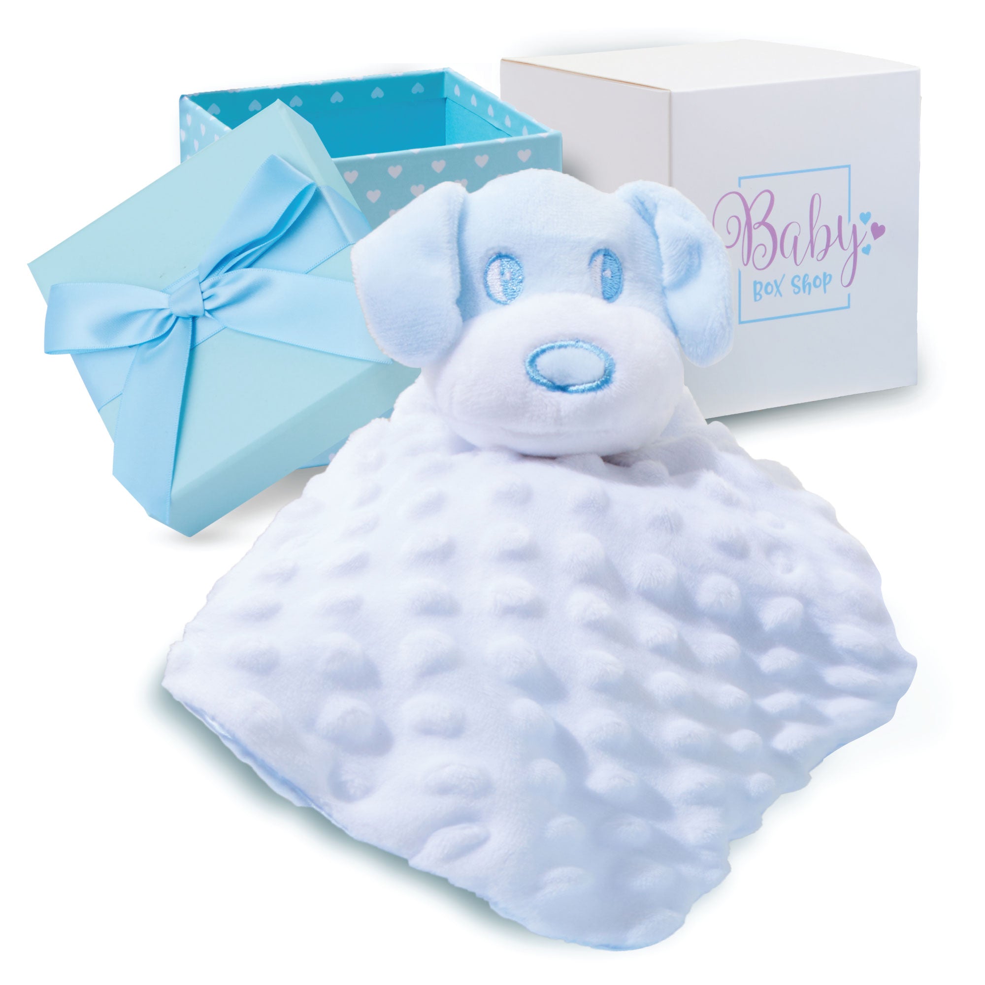 Baby Boy Gifts – Baby Comforter Blue with Puppy Head in Gift Box