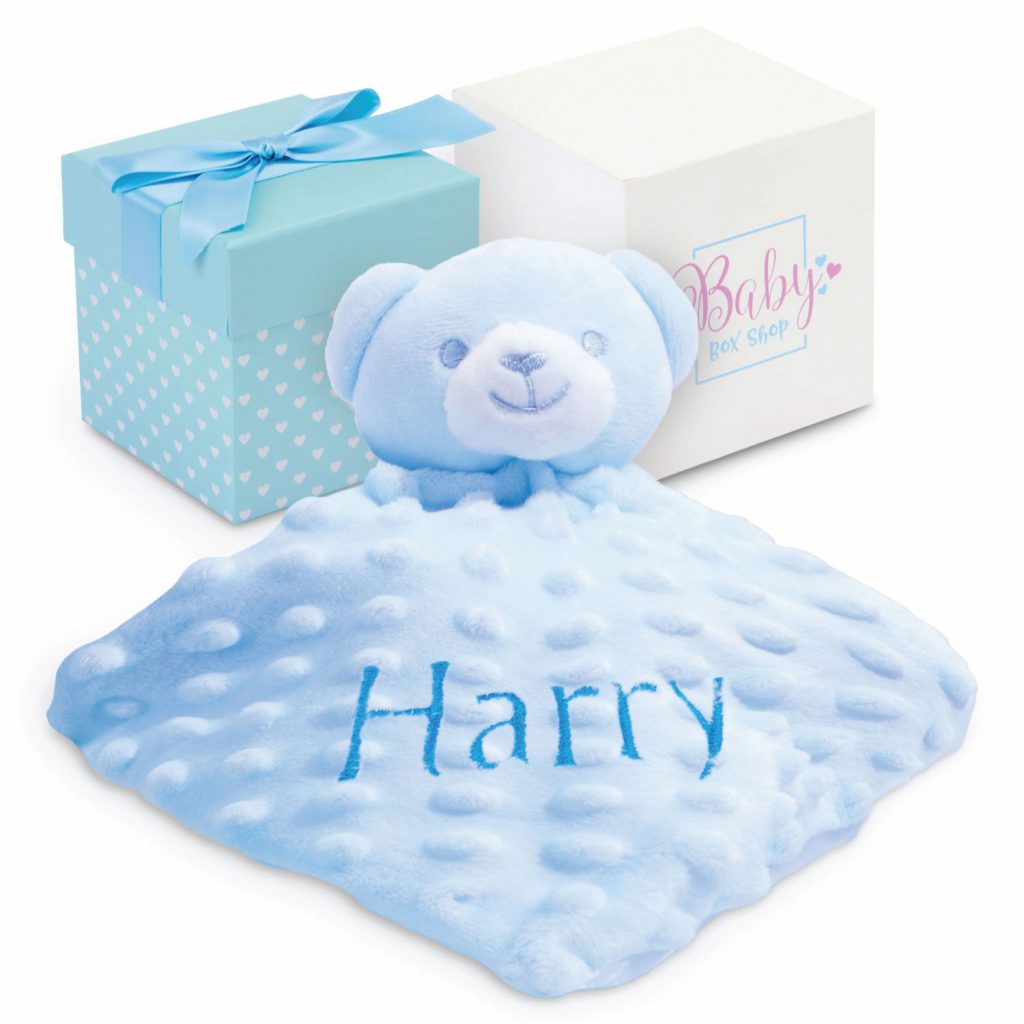 Personalised Baby Gifts – Baby Comforter Blue with Teddy Bear Head