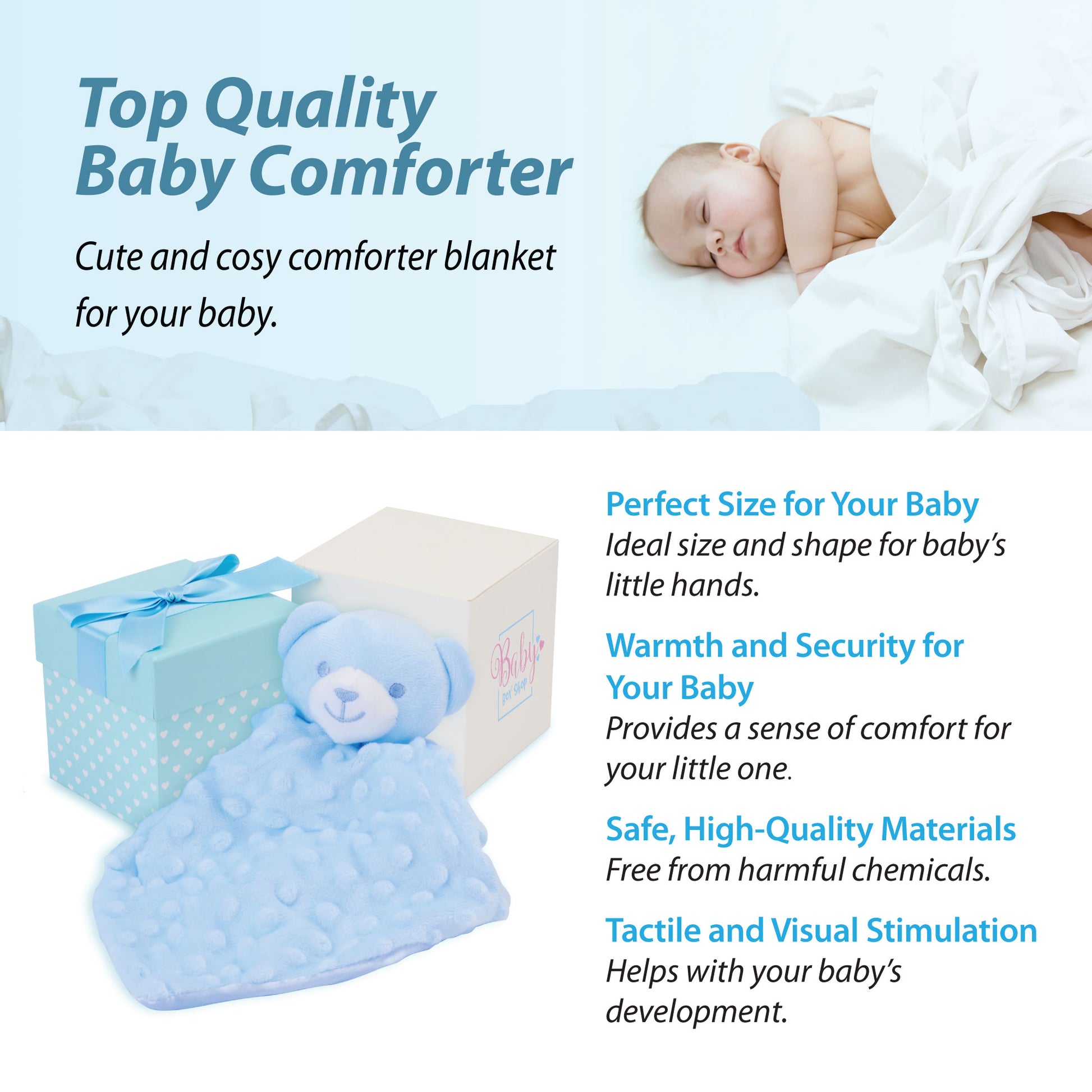 Baby Boy Gifts – Baby Comforter Blue with Bear Head in Gift Box