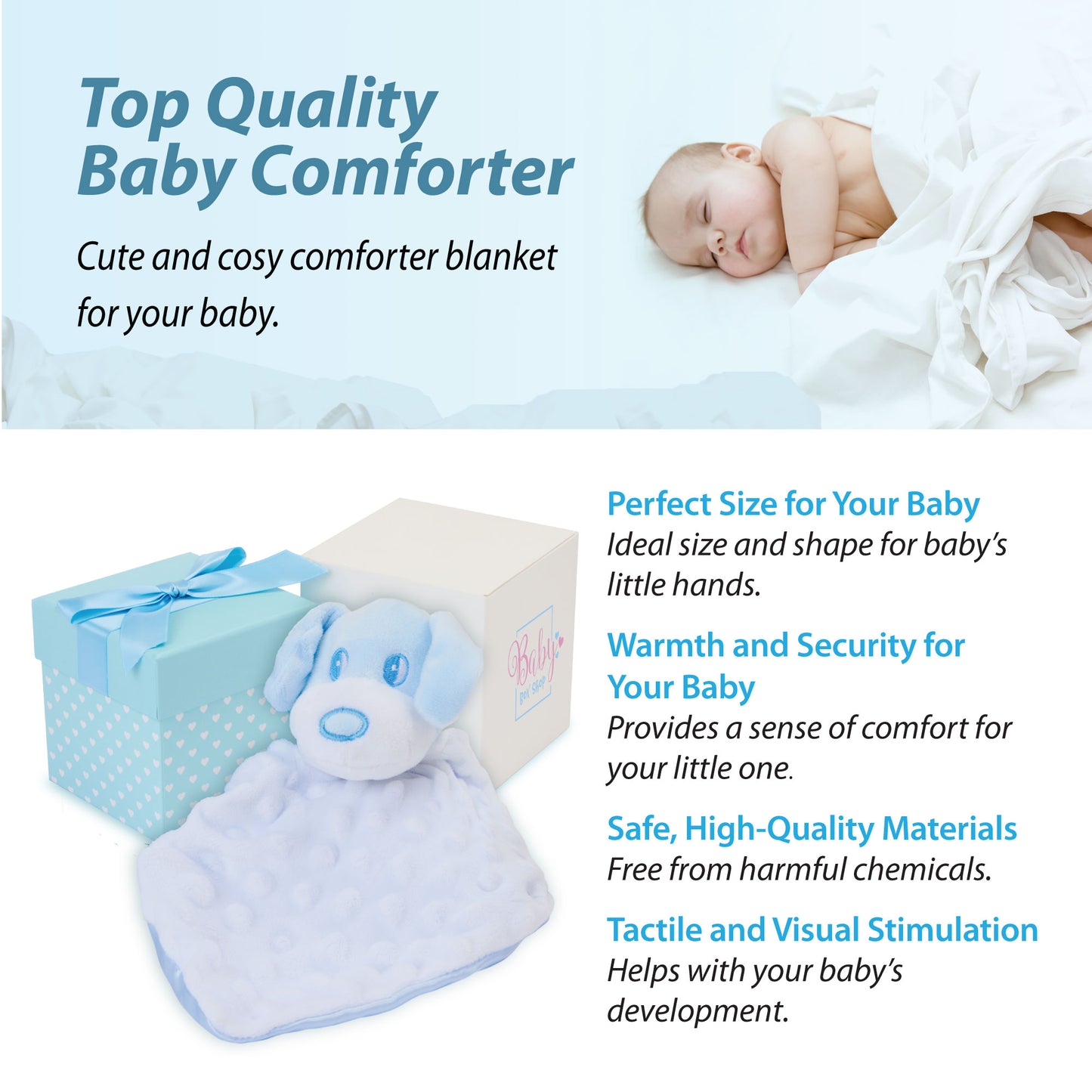 Baby Boy Gifts – Baby Comforter Blue with Puppy Head in Gift Box