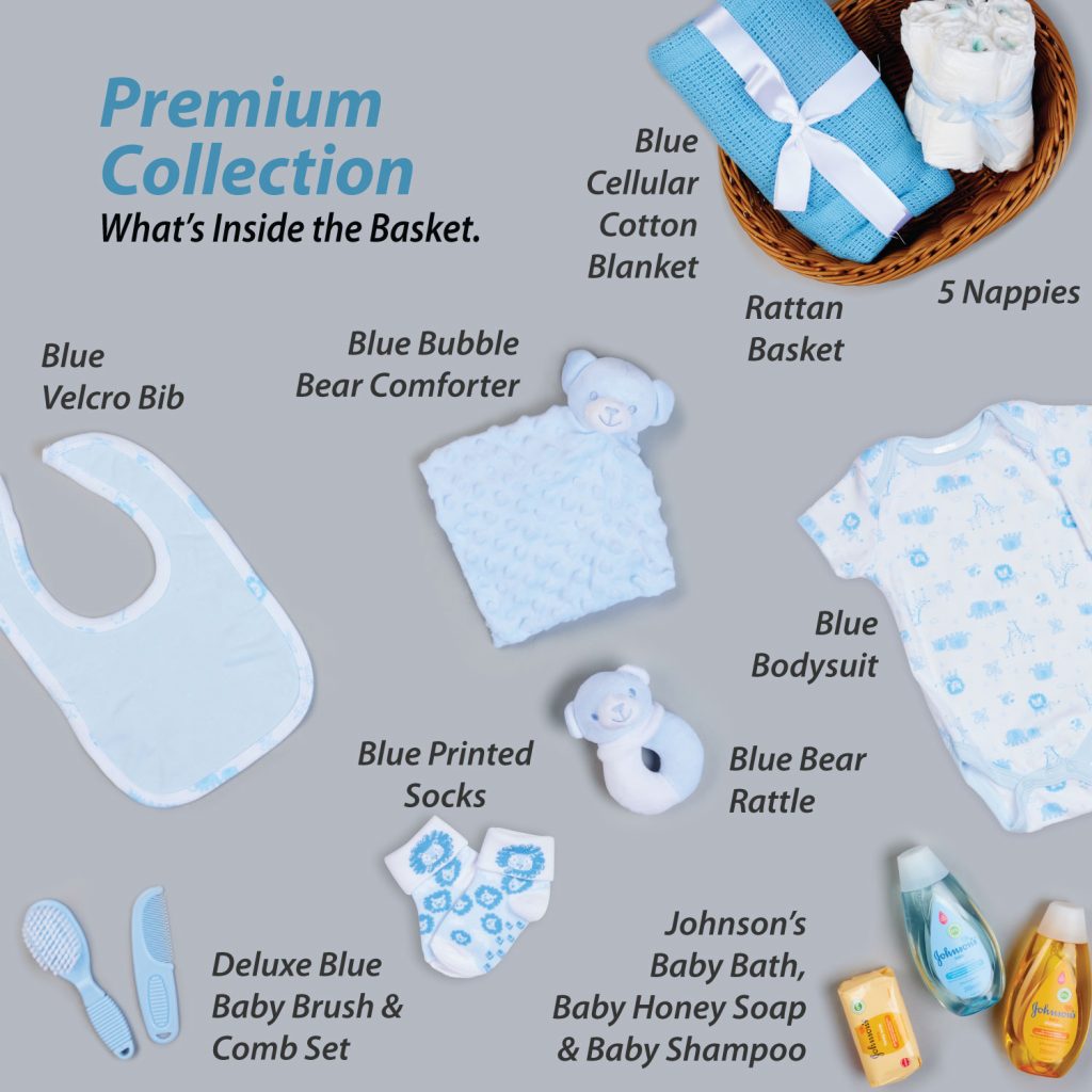 Baby Gift Basket - Hamper Filled with Blue Themed Newborn Essentials & Baby Gifts