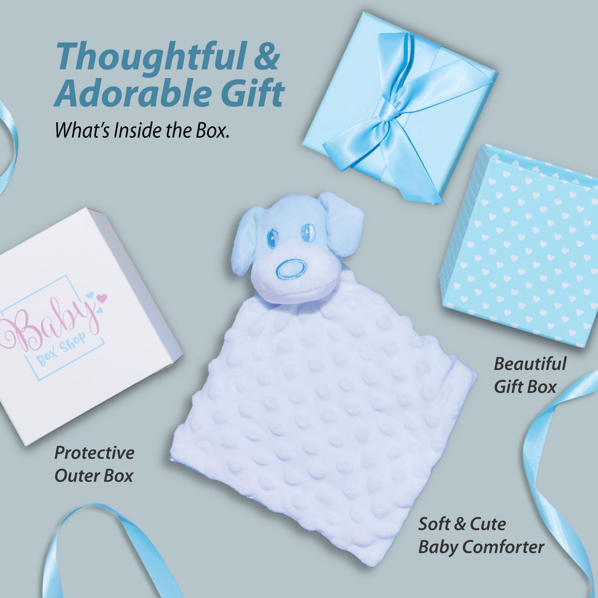 Baby Boy Gifts – Baby Comforter Blue with Puppy Head in Gift Box