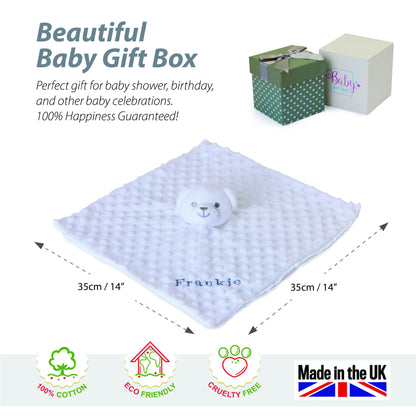 Personalised Baby Gifts – Baby Comforter White with Teddy Bear Head