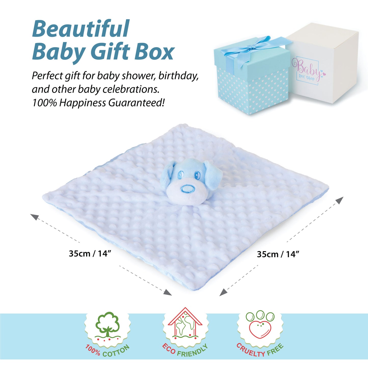 Baby Boy Gifts – Baby Comforter Blue with Puppy Head in Gift Box