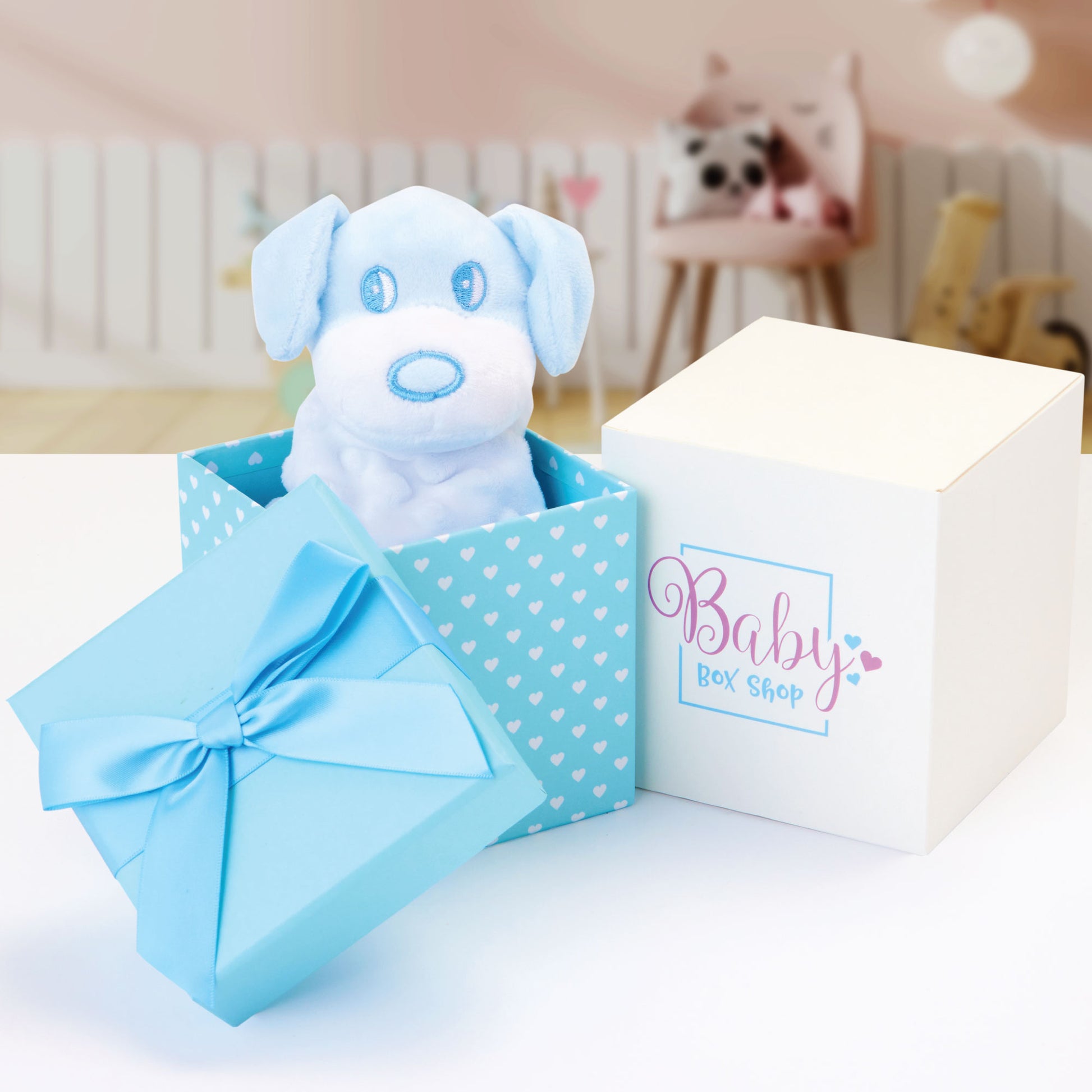 Baby Boy Gifts – Baby Comforter Blue with Puppy Head in Gift Box