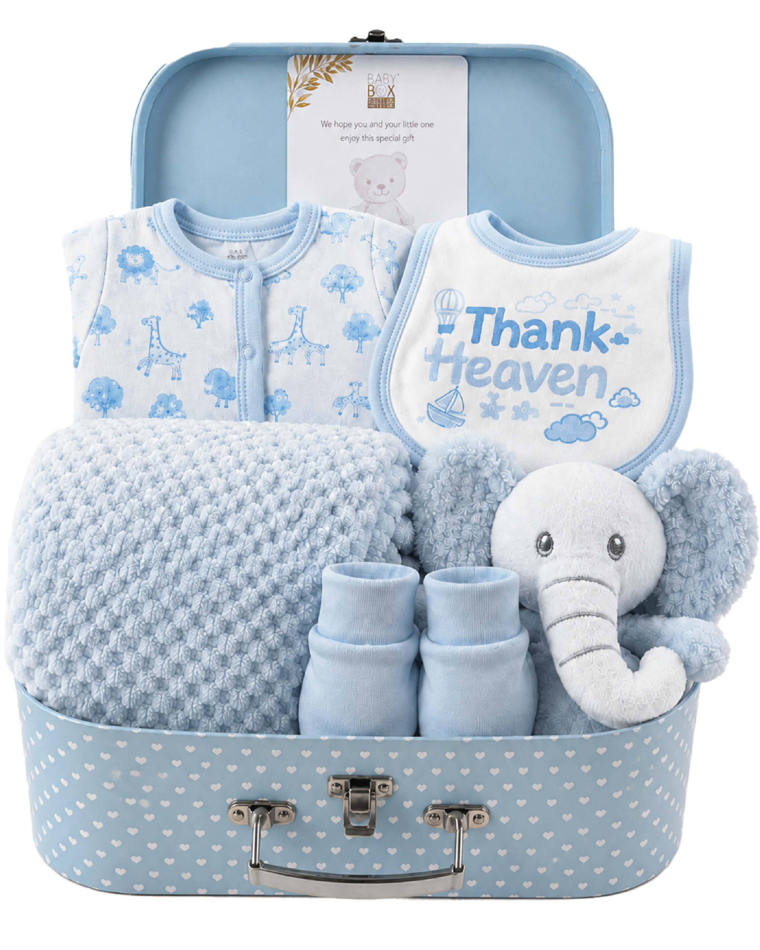 Blue , 9CL24-B , Hero Shot ,

Baby shower gift set in a blue keepsake case with sleepsuit, bodysuit, bib, mittens, elephant comforter and waffle wrap