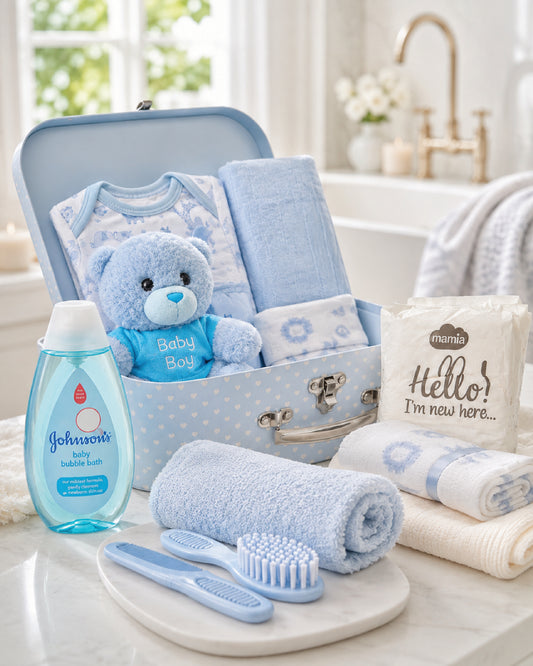 Blue , 9CM23-B , Bathtime Shot ,

Bathtime items from the set in use — Johnson's baby bubble bath, cotton washcloths and the brush and comb set