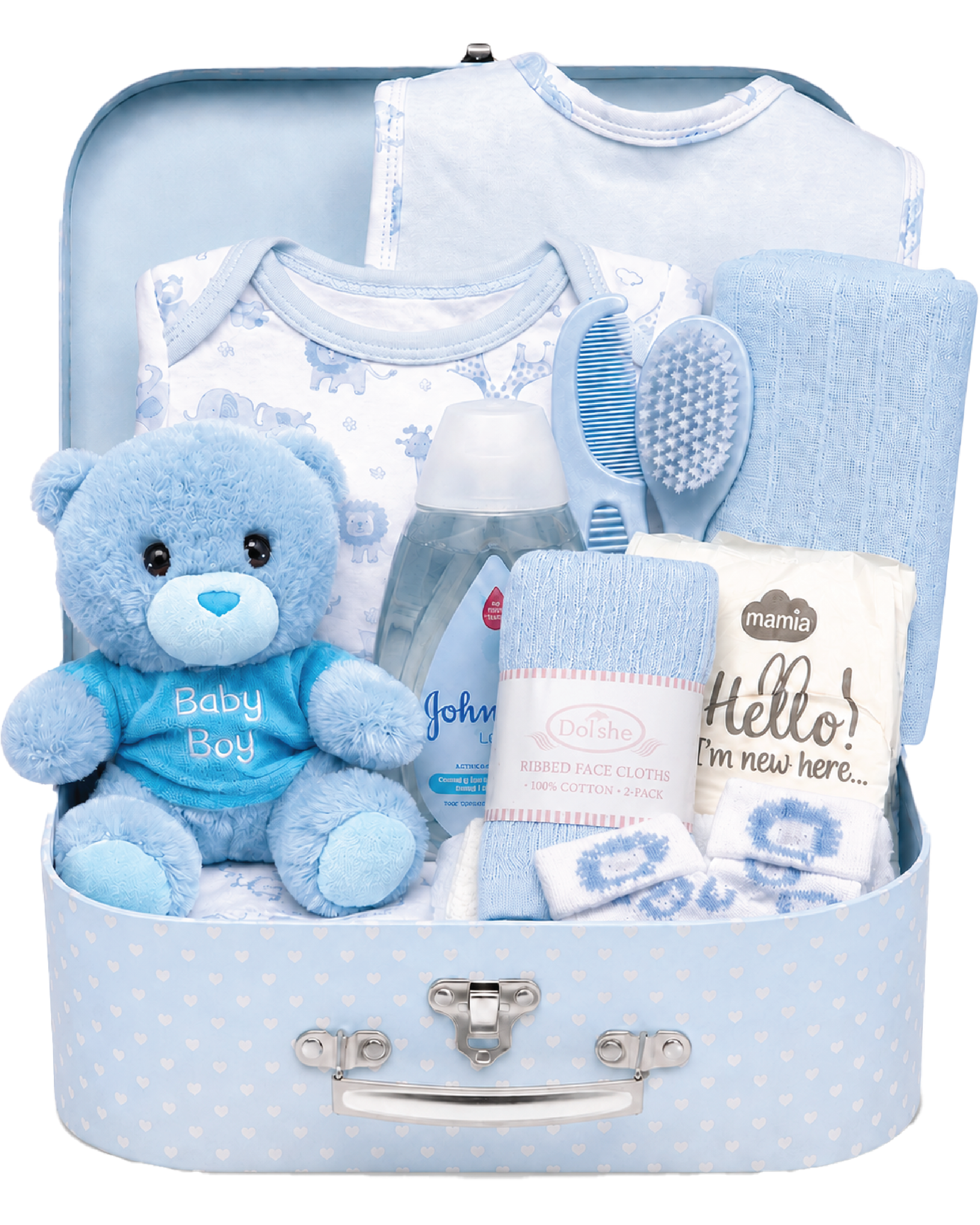 Blue , 9CM23-B , Hero Shot ,

Baby essentials gift set in a blue keepsake case with bodysuit, bib, socks, muslin, teddy bear and Johnson's bubble bath