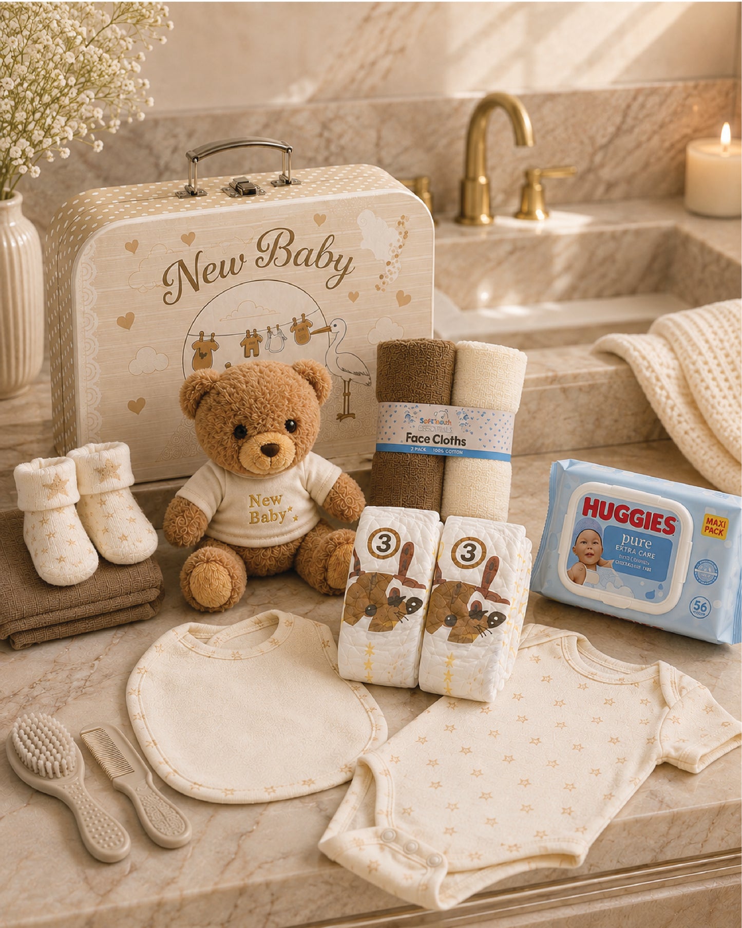Cream , 9CM23-C , Bathtime Shot ,

Bathtime and changing items from the set — cotton washcloths, the brush and comb set and Huggies wipes