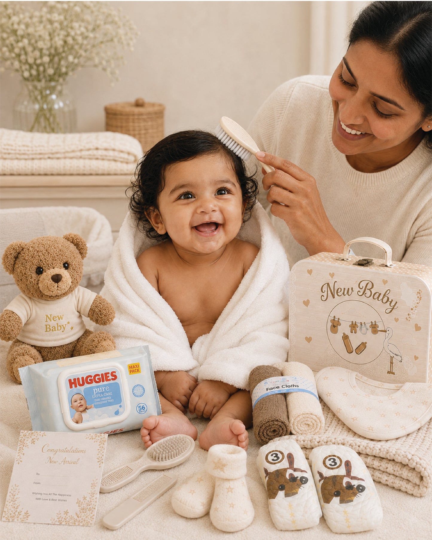 Cream , 9CM23-C , Lifestyle Shot ,

Baby hugging the plush teddy bear from the set, EN71 tested and certified
