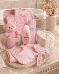 Pink , 9CM23-P , Bathtime Shot ,

Bathtime items from the set in use — Johnson's baby lotion, cotton washcloths and the brush and comb set