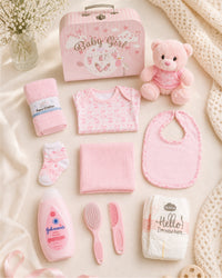 Pink , 9CM23-P , Contents Flat Lay ,

Every item laid out flat — bodysuit, bib, socks, muslin, washcloths, brush and comb, teddy bear, nappies and Johnson's baby lotion
