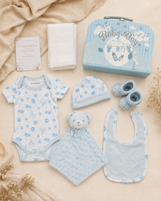 Blue , 9CS22-B , Contents Flat Lay ,

Every item laid out flat — bodysuit, bib, hat, bootees, muslin, bubble bear comforter and welcome card