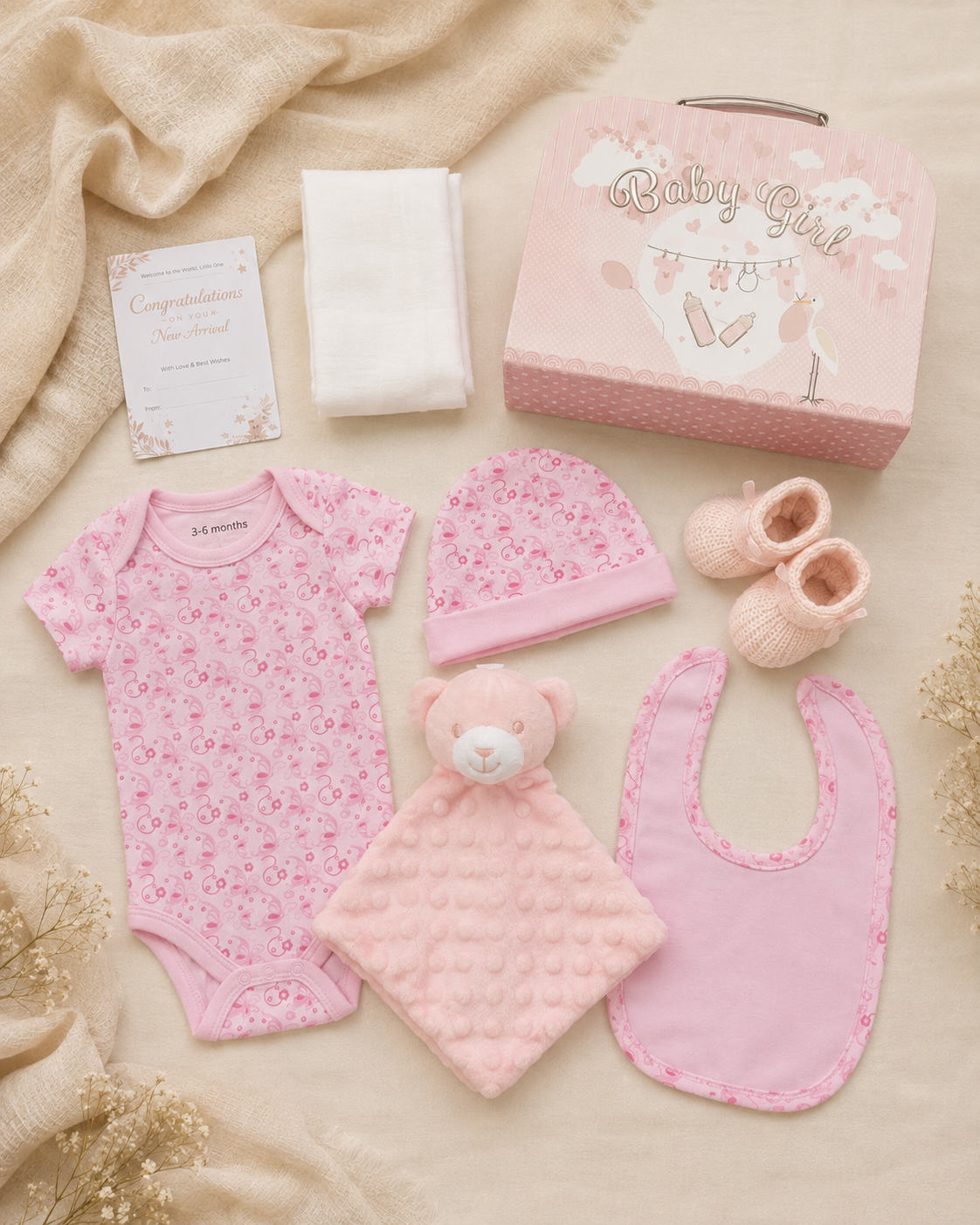 Pink , 9CS22-P , Contents Flat Lay ,

Every item laid out flat — bodysuit, bib, hat, bootees, muslin, bubble bear comforter and welcome card