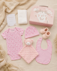 Pink , 9CS22-P , Contents Flat Lay ,

Every item laid out flat — bodysuit, bib, hat, bootees, muslin, bubble bear comforter and welcome card