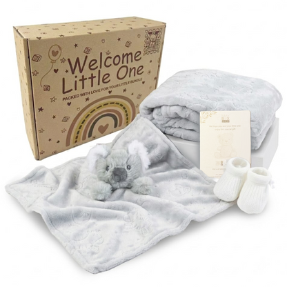 Grey, 9PZ305-G, Hero Shot,

Koala comforter, animal-embossed flannel wrap and cream knitted bootees with the printed gift box
